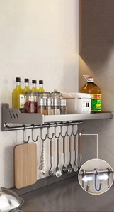 Wall-mounted gunmetal kitchen spice rack with sliding hooks for utensil storage