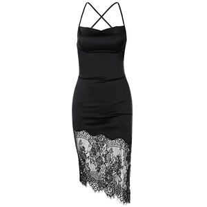 Robe midi sexy noire en dentelle avec dos nu lacé et fines bretelles élégantes