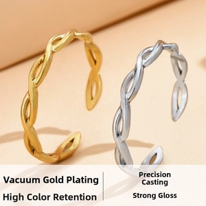 Detail of vacuum plated stainless steel rings featuring a delicate woven texture design