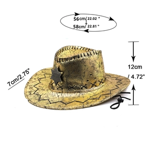 Detail of vintage gold cowboy hat with Sheriff star badge and size dimensions