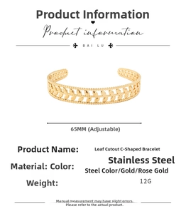 Detail chart of leaf pattern C-shaped stainless steel bracelet showing size and weight specs