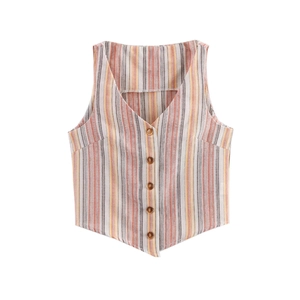 Gilet senza maniche vintage da donna con strisce verticali colorate e bottoni in legno