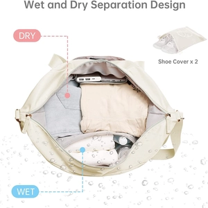 Beige gym bag with dry wet separation design and two waterproof shoe covers