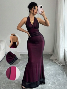 Sexy Halter Neck Deep V Maxi Dress Ruched Backless Mesh Patchwork Mermaid Hem Party Evening Satin Dress For Women