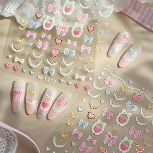 Stickers à ongles 3D en relief avec nœuds roses, cœurs et dentelle pour manucure