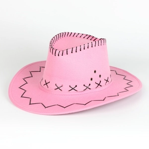 Chapeau de cowboy rose avec coutures noires contrastées et œillets sur fond blanc
