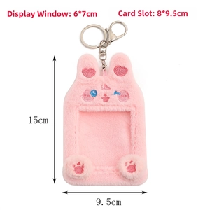 Pink plush rabbit photo card holder dimensions and window size details for photocard display