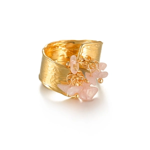 French vintage wide gold titanium ring with hammered texture and pink stone charms