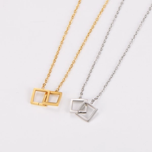 Minimalist stainless steel necklace featuring interlocking geometric square pendants in gold and silver
