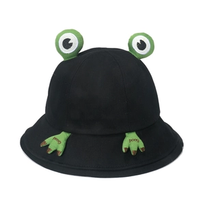 Funny black canvas frog bucket hat with green eye accents and Good embroidery