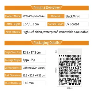 Detailed specs of 0.5 inch waterproof vinyl letter stickers with UV coating and HD printing