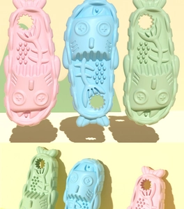 Detailed 3D render of fishbone cartoon EVA slippers in pink, blue and green colors