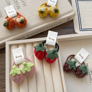 Kids Knitted Strawberry Pumpkin Hair Ties Sweet Cartoon Crochet Wool Scrunchies For Little Girls