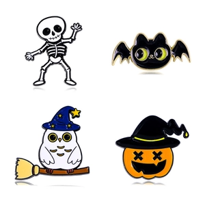 Cute Halloween enamel pin set featuring cartoon skeleton, black cat, owl, and pumpkin motifs