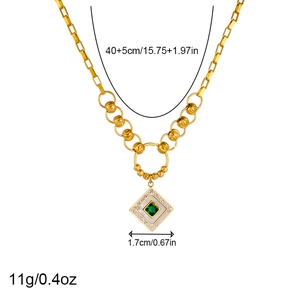 Detail showing dimensions of gold chain necklace with green gem square pendant