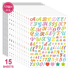 Close-up of 15 sheets of colorful mini alphabet stickers with 1768 plus small pieces
