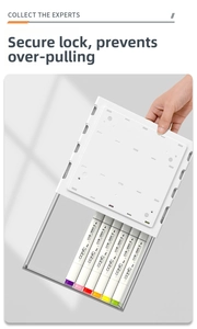 Detail showing white under-desk drawer with transparent panel and slide-stop safety limit