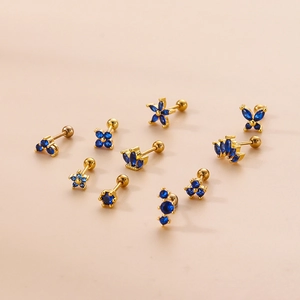 Gold-plated flower and crown earrings set with vibrant royal blue cubic zirconia