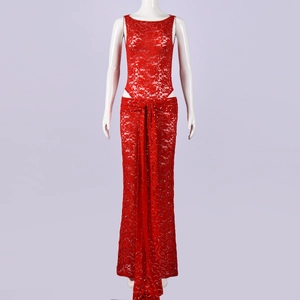 Detail view of red lace sequins slim fit two-piece maxi dress set with waist ties