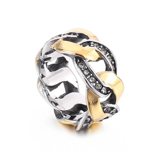 Hip hop two-tone Cuban link ring with sparkling cubic zirconia in gold and silver