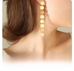 Detail of 18k gold plated surgical titanium steel earrings with hanging circular discs