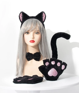 Plush cat cosplay set with ears headband, paw gloves, bow tie and tail in black and pink