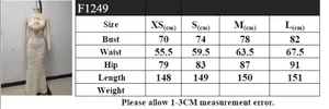 Size chart and detail of a white halter dress with floral gilding and sequin trail