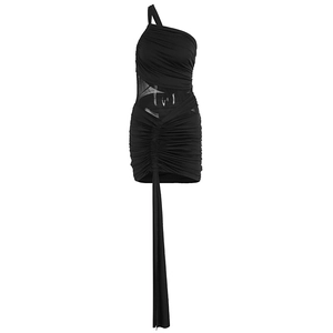 Detail of ruched black one-shoulder dress with mesh cutout and flowing ribbons
