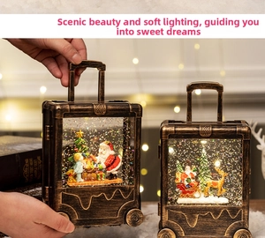 Macro detail of bronze Christmas lantern with Santa scene and glowing snow globe effect