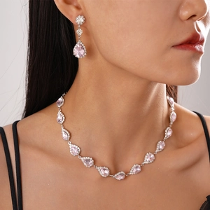 Close-up of luxury necklace set with pink water-drop gemstones and sparkling rhinestones