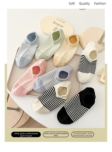 Detail of 8-pair striped low-cut invisible socks in pastel cream colors and soft cotton