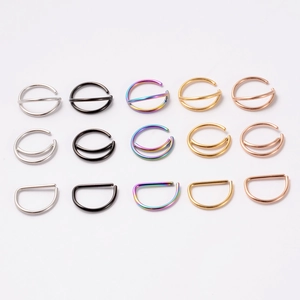 Set of 15 stainless steel nose rings and ear hoops in five colors and three styles