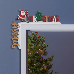 Wooden Merry Christmas door frame decoration featuring Santa Claus and a festive tree