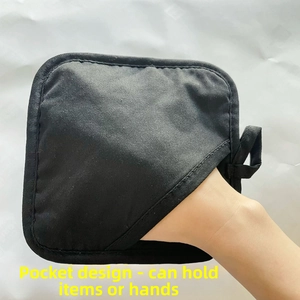 Thick black heat resistant kitchen pot holder with pocket and loop for oven use