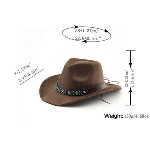 Brown faux suede cowboy hat with size specifications and turquoise bead decorative band