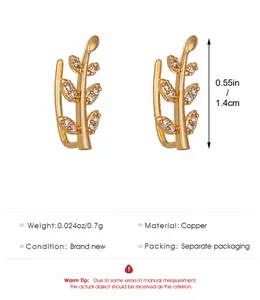 Detail view of gold-plated leaf earrings featuring micro zircons with size specifications