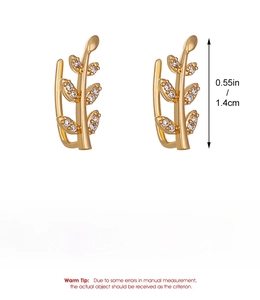 Detail view of gold-plated leaf earrings featuring micro zircons with size specifications
