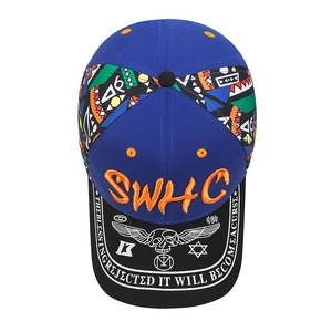 Blue baseball cap with 3D embroidery, ethnic patchwork, and occult wing patterns
