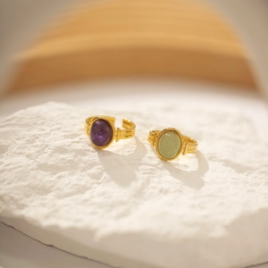 Anelli aperti vintage placcati oro 18K con ametista ovale viola e pietra verde naturale