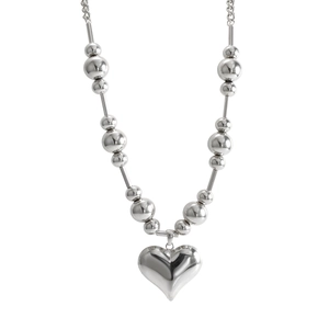 Polished silver stainless steel necklace with puffy heart pendant and beaded chain design