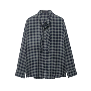 Elegante Camicetta A Quadri Da Donna Maniche Lunghe Collo Con Fiocco Bottoni Casual Moda Camicia Poliestere Primavera Top
