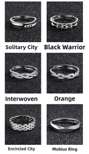 Collage of six adjustable silver men's rings featuring geometric and chain textures