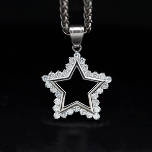 Hip hop silver stainless steel star pendant with 3A zircons on a rope chain necklace