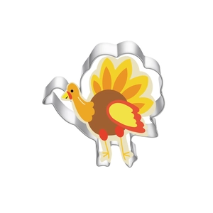 Close-up of a stainless steel turkey cookie cutter for Thanksgiving baking and DIY cakes