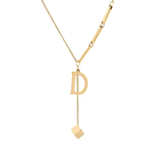 18K gold titanium necklace with D letter pendant and diamond-shaped drop charm