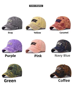 Color display of distressed cotton baseball caps with 3D LUCK embroidery in 8 colors