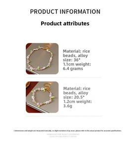 Detailed size and weight specs for the handmade flower bead necklace and bracelet set