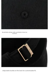 Detail of embroidered eyelets and adjustable metal buckle on cotton baseball cap