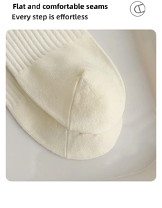 Dettaglio macro di calze in maglia bianco crema con cuciture piatte e polsini a coste