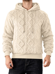 Detail of men's beige fleece hoodie featuring textured diamond pattern fabric
